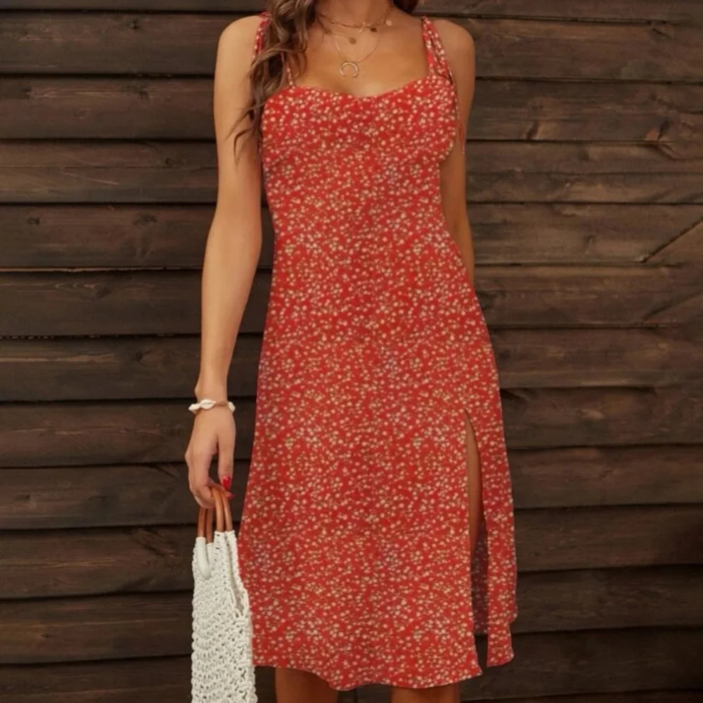 Boho red split thigh tie shoulder cami dress